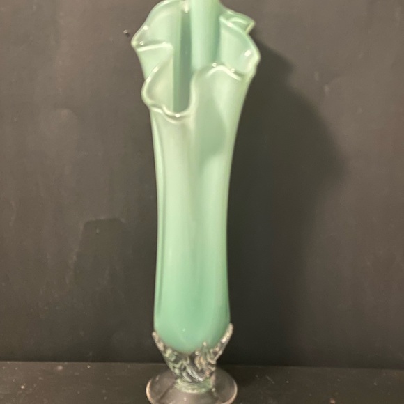 Vtg Handblown Large Swung Vase Mint Green Glass 16.5” Signed JOE